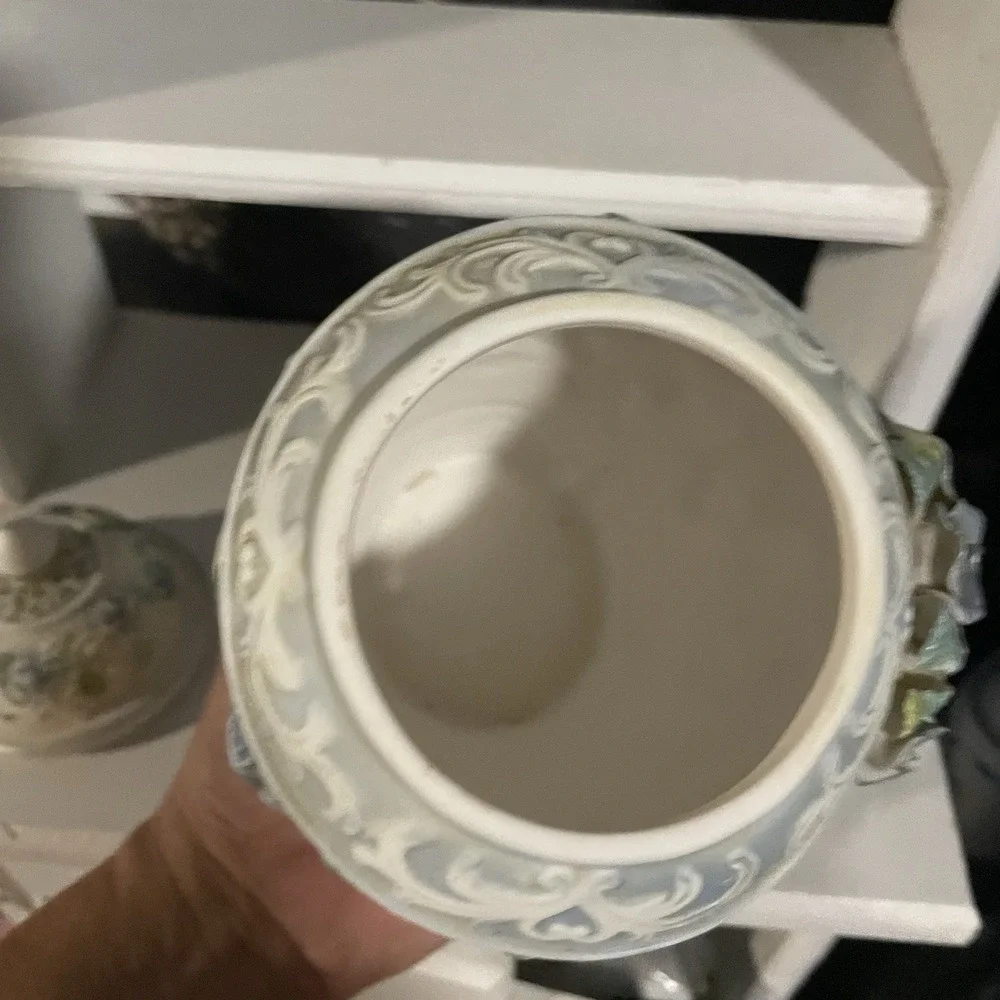 Vintage Metallic Blue Rose Ivory Color Box Jar W/ Lid Beautiful!‎